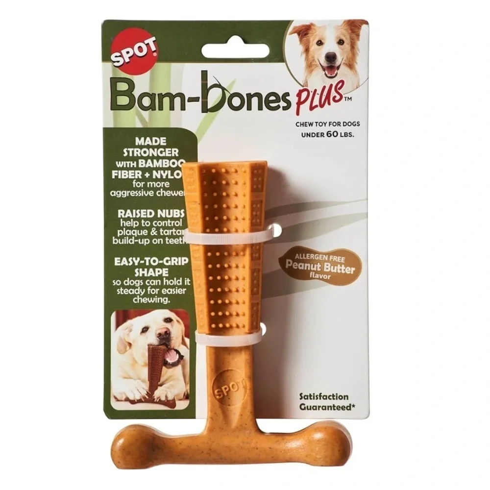 SPOT Bam-Bones PLUS Dog Chew Toy - Bamboo & Nylon, 4”, Peanut Butter Flavor- NWT